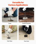 Various applications of Full Throttle Auto Feed Sewer Snake Auger 100 Ft Steel Cable for clearing sewer and floor drains.