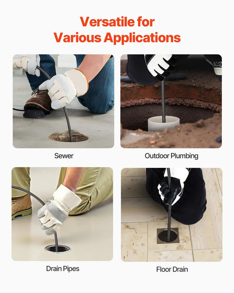 Various applications of Full Throttle Auto Feed Sewer Snake Auger 100 Ft Steel Cable for clearing sewer and floor drains.