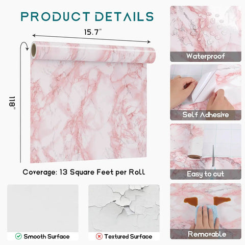 Pink Marble Contact Paper Peel And Stick Self Adhesive Wallpaper Removable Waterproof Wall Covering For Tables Countertops Cabinets And Drawers 15.74 By 118.11 Inches Realistic Glossy Marble Vibe product details