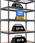 Heavy Duty Black Metal Shelving Unit Five Tier Garage Storage Rack showcasing weight capacity with 551 lb weights on shelves.