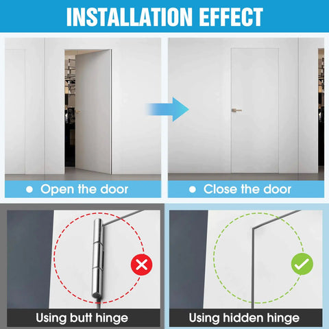 Installation effect of Invisible Cabinet Door Hinges 180 Degree Sweep Hidden Cross Hinge 4 Pack for frameless furniture.