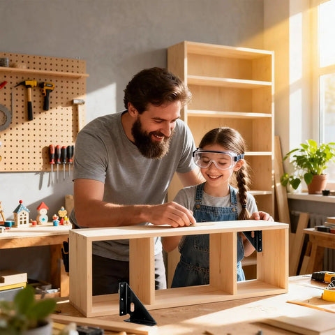 Father and daughter assembling a wooden shelf using Built Tough Heavy Duty Gusset Joint Set in a workshop.