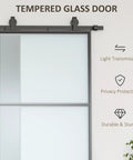 Super Slick Frosted Privacy Glass Barn Door Hardware Kit With Heavy Duty Track And Silent Rolling Wheels For Easy 36 By 84 Inch Sliding Install Plus Smooth Gliding Action Room Divider Setup, close-up of frosted tempered glass door with minimal framing.