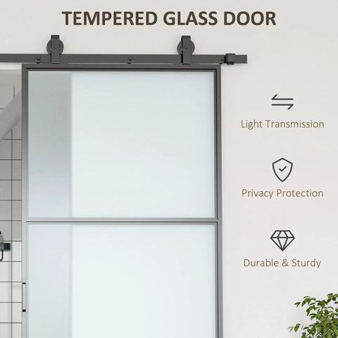 Super Slick Frosted Privacy Glass Barn Door Hardware Kit With Heavy Duty Track And Silent Rolling Wheels For Easy 36 By 84 Inch Sliding Install Plus Smooth Gliding Action Room Divider Setup, close-up of frosted tempered glass door with minimal framing.