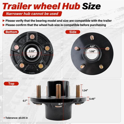 Trailer hub size measurements for Two Piece 3500 Lb Trailer Hub Kit With 5 Lug 4.5 Inch Pattern for straight spindle axles.