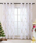 White And Gold See Through Sheer Curtains For Living Room That Let The Sunlight In Light Filtering Window Drapes 90 Inch Long Two Panels Grommet Top With Elegant Wave Pattern Chic Home Vibe installed on window