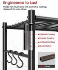 Close-up of Kick Clutter Out With These Four Tier Storage Shelves, showcasing rust-proof steel and hanging hooks.