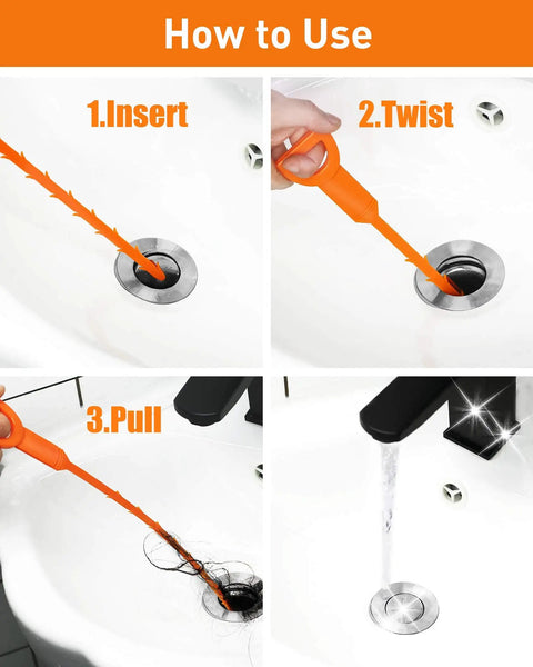 Steps to use 25 Inch Drain Snake Six Pack Hair Clog Remover Tools for Shower Kitchen Sink Bath Tub Plastic Auger Cleaners.