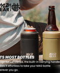 Person using Insulated Stainless Steel Multi Can Cooler With Built In Can Opener And Triple Sized Can Holder For 12 Oz Cans Durable Coating Non Slip Rubber Base Navy Finish Ideal For Soda Beer And Outdoor Adventures on outdoor trip.