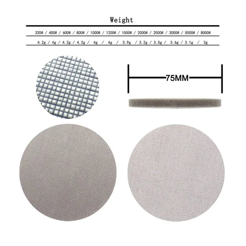 Top Shelf 10Pc Flocking Sanding Discs With Hook And Loop Backing For 75mm Sander in various grit grades, showing 75mm diameter sizes.