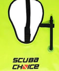 Adult Snorkel Vest With Name Box, High Visibility Neon Yellow Safety Vest showing strap and tube close-up.