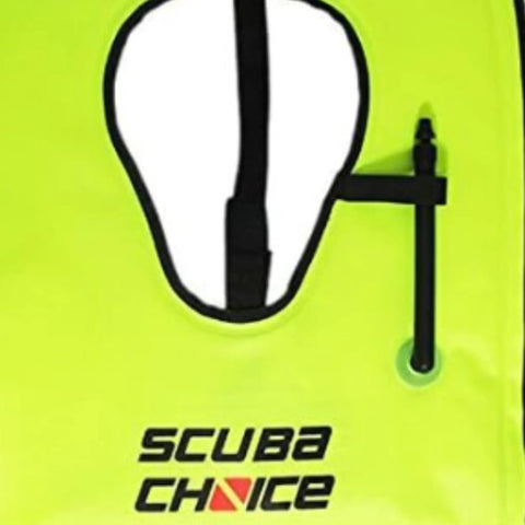 Adult Snorkel Vest With Name Box, High Visibility Neon Yellow Safety Vest showing strap and tube close-up.