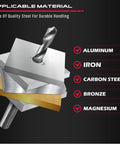 Helicoil thread repair kit components with drill bit; stacked metal plates showing iron, steel, bronze, and magnesium materials