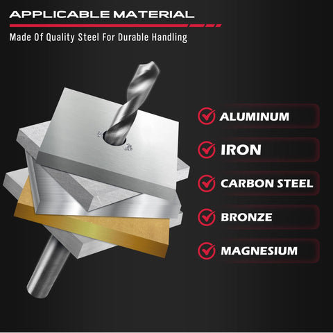 Helicoil thread repair kit components with drill bit; stacked metal plates showing iron, steel, bronze, and magnesium materials