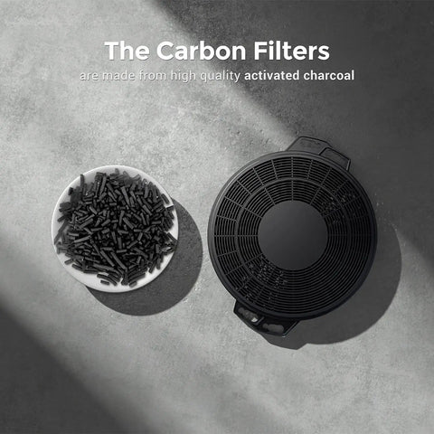 Charcoal Range Hood Replacement Filters Set For Ductless Ventilation Odor Busting And Smoke Elimination Easy Install Recirculation 2 Pack Compatible With CAS75918B CAB75918B CAS75918A CAS75905 CAB75905, showing activated charcoal beside filter.