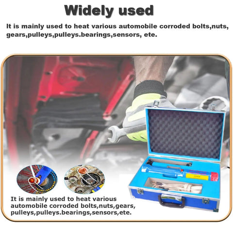 Handheld Electromagnetic Induction Heater 1000W Flameless Bolt Nut Bearing Extractor with rugged transport case for automotive use.
