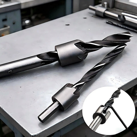 Seven Piece Heavy Duty Countersink Drill Bit Set Rock Solid High Speed Steel on workbench, showing drill bits and L wrench.