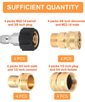 Front view of brass garden hose adapters; four 4-piece sets showing M22 to 3/8, 3/8 to M22-14, 3/4 to 1/2, and 1/2 to 3/4 female.