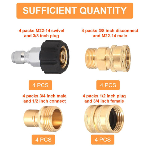 Front view of brass garden hose adapters; four 4-piece sets showing M22 to 3/8, 3/8 to M22-14, 3/4 to 1/2, and 1/2 to 3/4 female.