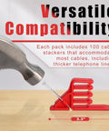 100 Pack Multi Cable Staples Compatible With Romex Clips, Red Wire Stackers For Easy Installation, Secure Hold On Electrical Wires, Quick Thread And Tap In Setup, Durable Plastic Fasteners For Home Wiring Projects, showing a hammer and cable stacker.