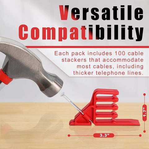 100 Pack Multi Cable Staples Compatible With Romex Clips, Red Wire Stackers For Easy Installation, Secure Hold On Electrical Wires, Quick Thread And Tap In Setup, Durable Plastic Fasteners For Home Wiring Projects, showing a hammer and cable stacker.