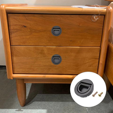 Flush Ring Pull Handles Set Of 3 In Black 35mm 1.38 Inch Zinc Alloy Flush Pull Latch with screws on wooden cabinet drawers