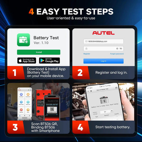 BT506 Battery Tester Analyzer For 6V And 12V Cars And Trucks, Checks 100-2000 CCA, Voltage And Health Readouts, DIY-Friendly, Plug-And-Play Auto Battery Diagnostic Tool For Quick Failure Prevention And Peace of Mind, 4-step app guide