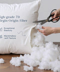 Hands cutting open pillow to reveal filling, highlighting high-grade 7D virgin-origin fiber used in outdoor pillow inserts.