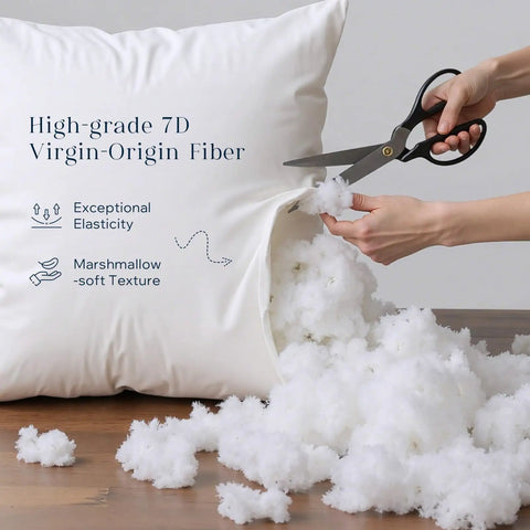 Hands cutting open pillow to reveal filling, highlighting high-grade 7D virgin-origin fiber used in outdoor pillow inserts.
