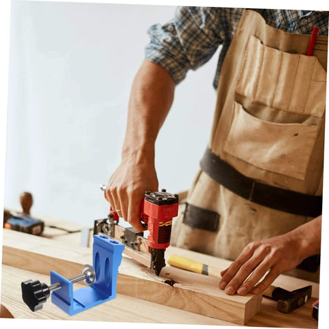 Woodworker using Pocket Hole Jig Kit For Woodworking With Easy Assembly, Dowel Kit And Drill Bit Guide, Durable Angle Hole Tool.
