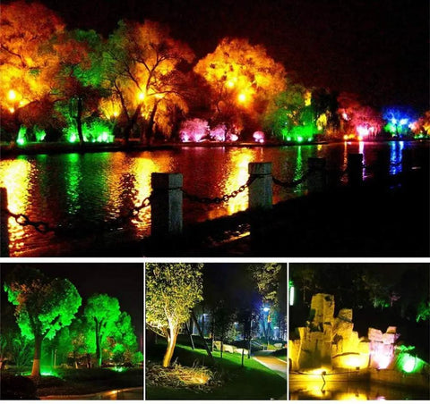 RGB Outdoor Spotlight 10W LED Color Changing Landscape Lights Low Voltage 12V illuminating garden with colorful hues