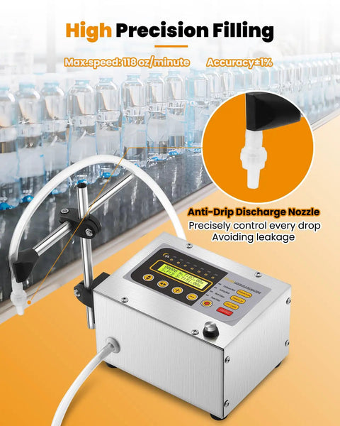 2-118 Oz Liquid Filler Machine with Anti Drip Nozzle Diaphragm Pump and Digital Control in stainless steel, high precision