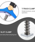 Close-up of Woodworking Hold Down Clamp Set With T Slot Clips And Track Clamp System For Carpenter Use, showing blue pressure plate and spring.