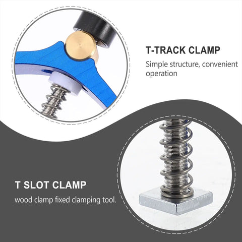 Close-up of Woodworking Hold Down Clamp Set With T Slot Clips And Track Clamp System For Carpenter Use, showing blue pressure plate and spring.