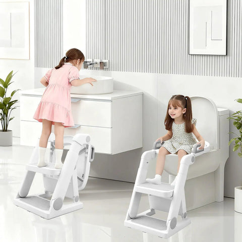 Straight Outta Box Pre Assembled Toddler Potty Training Seat With Secure Ladder And Protective Splash Shield, Absolute Nuthin But Hassle Free 2 In 1 Foldable Step Stool For Big Kids, Smooth Bathroom Transition Essential, Slate Grey