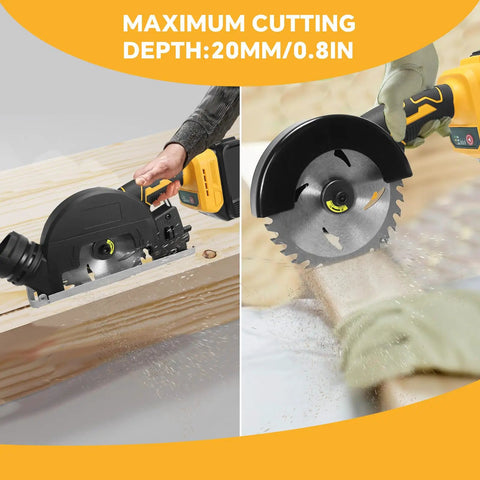 Lightweight 20V Cordless Mini Circular Saw Kit with 4 Inch Blades cutting wood with 0.8 Inch cut depth, side and front view