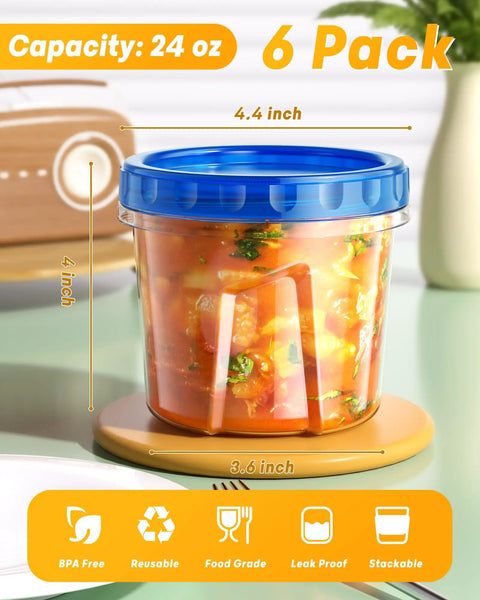 Six Pack 24 Oz Freezer Safe Food Storage Containers With Twist Top Lids BPA Free Leakproof And Reusable Microwave And Dishwasher Safe
