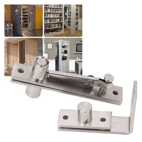 Beefy Heavy Duty Wood Door Pivot Hinge With 300 Lbs Load Bearing Stainless Steel Hidden Door Hinge, shown with secret doors and bookshelves.