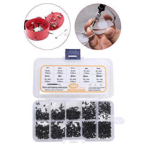 1000Pcs Small Screw Assortment Kit With Tweezers M1 M1.2 M1.4 M1.7 Black For Glasses Repair Watch Phone Electronics Screws Set