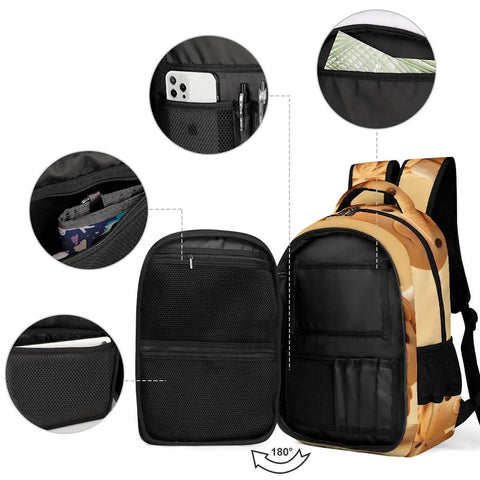 Open view of Kawaii Mini Cow Clay Art Printed Backpack, showing interior pockets for pens and phone, with breathable polyester fabric.