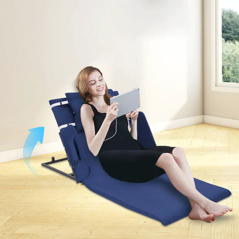 Adjustable Electric Lift Backrest For Bed With Strong Steel Frame And Thick Sponge Lumbar Support Up To 330 Pounds, woman relaxing with tablet.