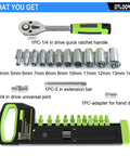 Quarter Inch Drive Ratchet Socket Set With Metric 4mm To 14mm Sockets Front And Rear Quick Release Ratchets Heavy Duty Extension Bar Universal Joint Drill Adapter And Portable Organizer Case For The DIY Friendly Home Garage displayed with components.