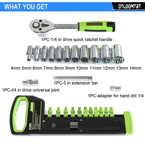 Quarter Inch Drive Ratchet Socket Set With Metric 4mm To 14mm Sockets Front And Rear Quick Release Ratchets Heavy Duty Extension Bar Universal Joint Drill Adapter And Portable Organizer Case For The DIY Friendly Home Garage displayed with components.