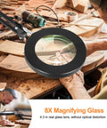 8X Magnifying Glass With Light And Stand For Handy Hobby DIY Close Work - shown on woodworking bench with glass lens in focus