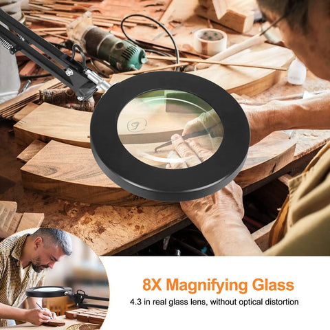 8X Magnifying Glass With Light And Stand For Handy Hobby DIY Close Work - shown on woodworking bench with glass lens in focus