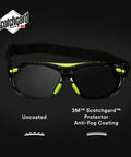 3M™ Scotchgard™ anti-fog safety glasses with black frames and green accents, featuring Badass Anti Fog Coating Keeps Your Safety Gear Sleek And Clear Through Twenty Five Water Washes While Providing Bulletproof Scratch Shield For Any Hard Hat Hustle.