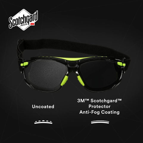 3M™ Scotchgard™ anti-fog safety glasses with black frames and green accents, featuring Badass Anti Fog Coating Keeps Your Safety Gear Sleek And Clear Through Twenty Five Water Washes While Providing Bulletproof Scratch Shield For Any Hard Hat Hustle.