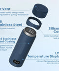 On The Go Travel Electric Kettle Compact Mini Water Boiler 316 Stainless Steel Interior 16.9 Oz Capacity Four Temperature Settings Fast Boil Auto Shut Off Boil Dry Protection Blue Spruce Finish showing parts.