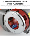 Close-up of Rock Solid Electric Pipe Threader With Portable Handheld Threading Machine featuring carbon steel teeth and precise cutting.