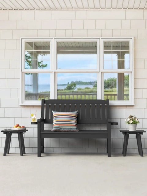 Weather Resistant HDPE Outdoor Side Table With Real Wood Grain Look For Small Patios Porch And Balcony Heavy Duty 200 Lb Capacity Poolside Ready Easy Maintenance Black next to a matching bench
